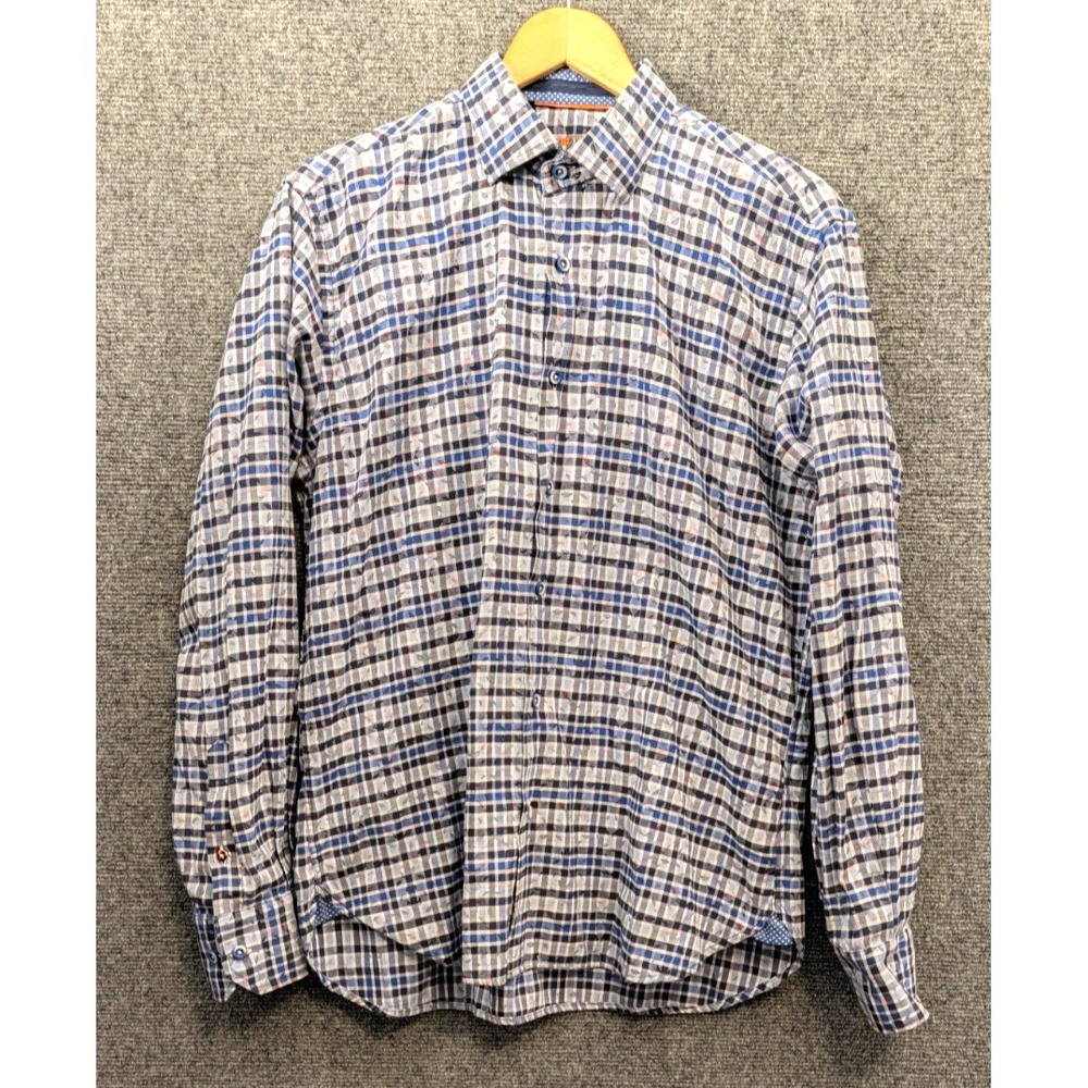 Visconti Black Men’s Large Blue Plaid Floral Long Sleeve Button Up Shirt Cotton